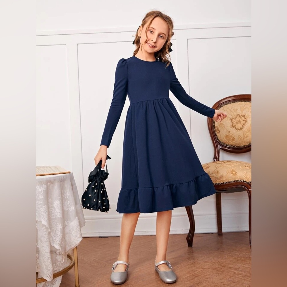 SHEIN Tween 11/ 12Y Navy Blue Puff Shoulder Ruffle Hem Midi Long Sleeve Dress